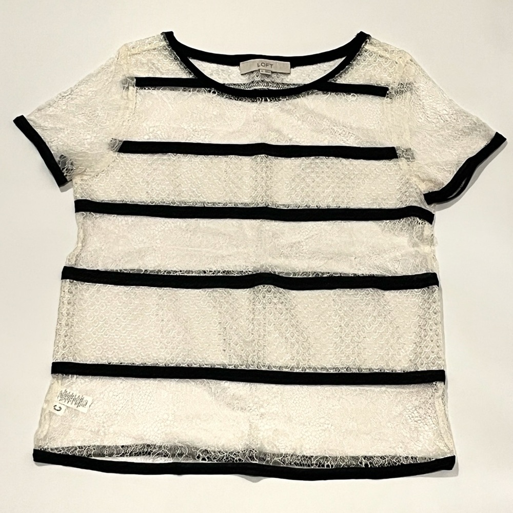 Loft Lace Black & White Stripe Sheer Blouse, XS